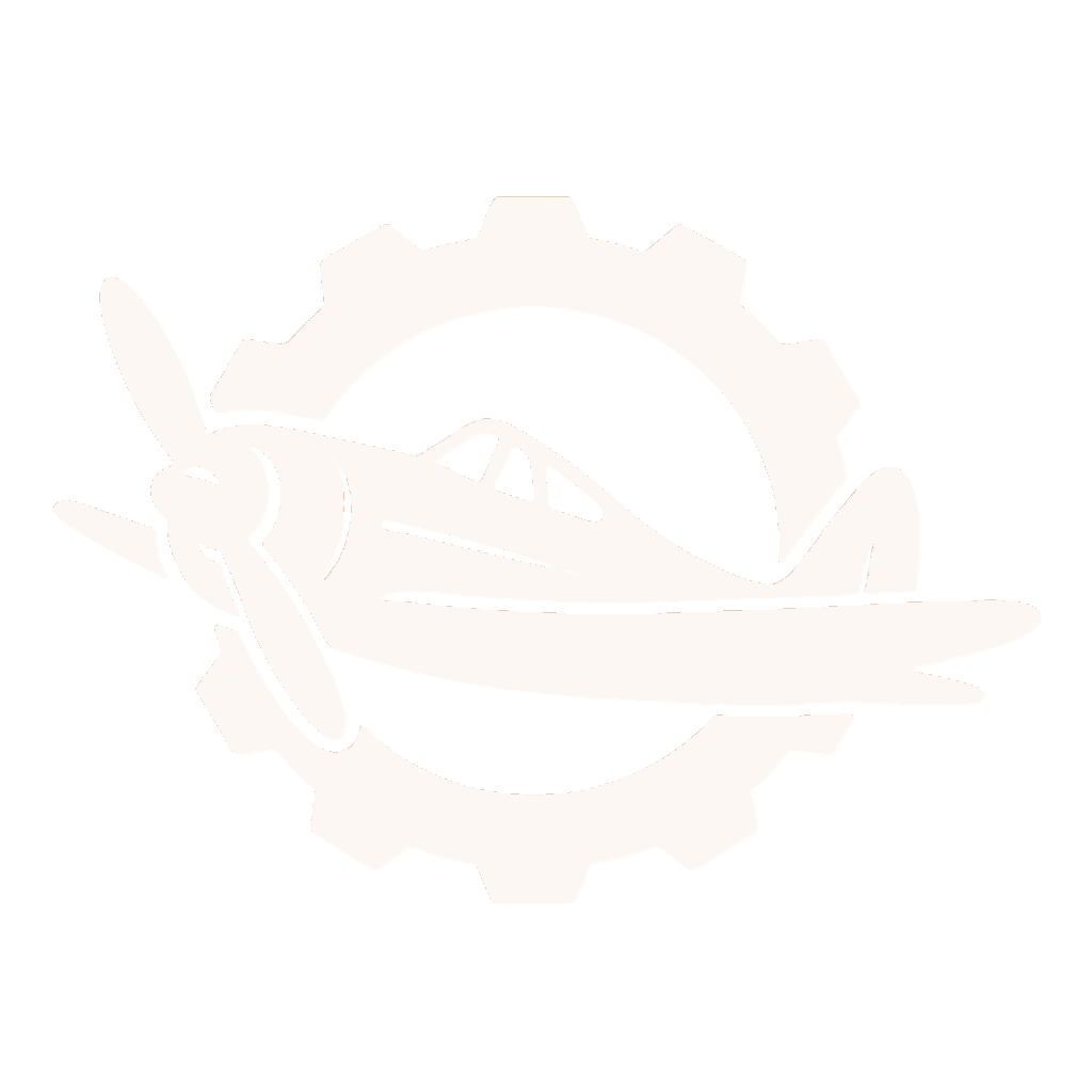 Site logo. A stylised image of an old-timer monoplane in front of a gear ring.