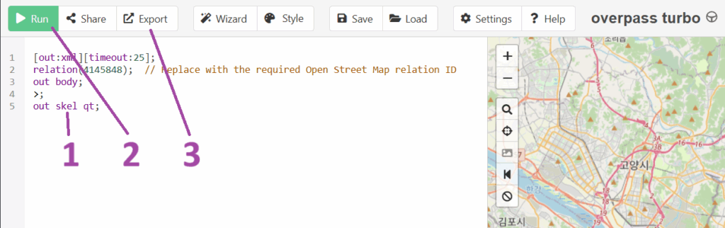 Annotated screenshot from Overpass Turbo