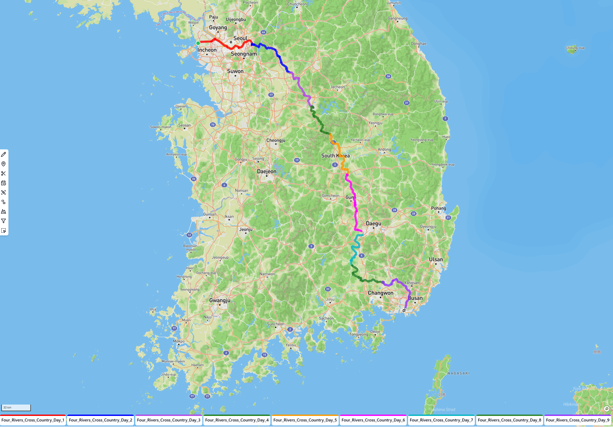 Over map of the whole ride, showing the segment for each riding day.