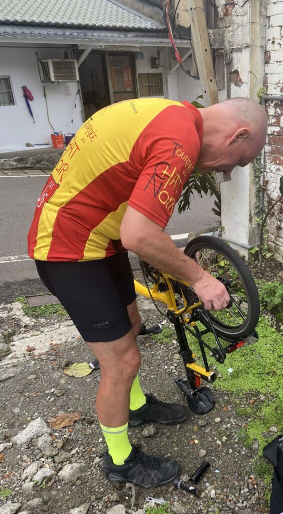 Repairing a flat tyre.